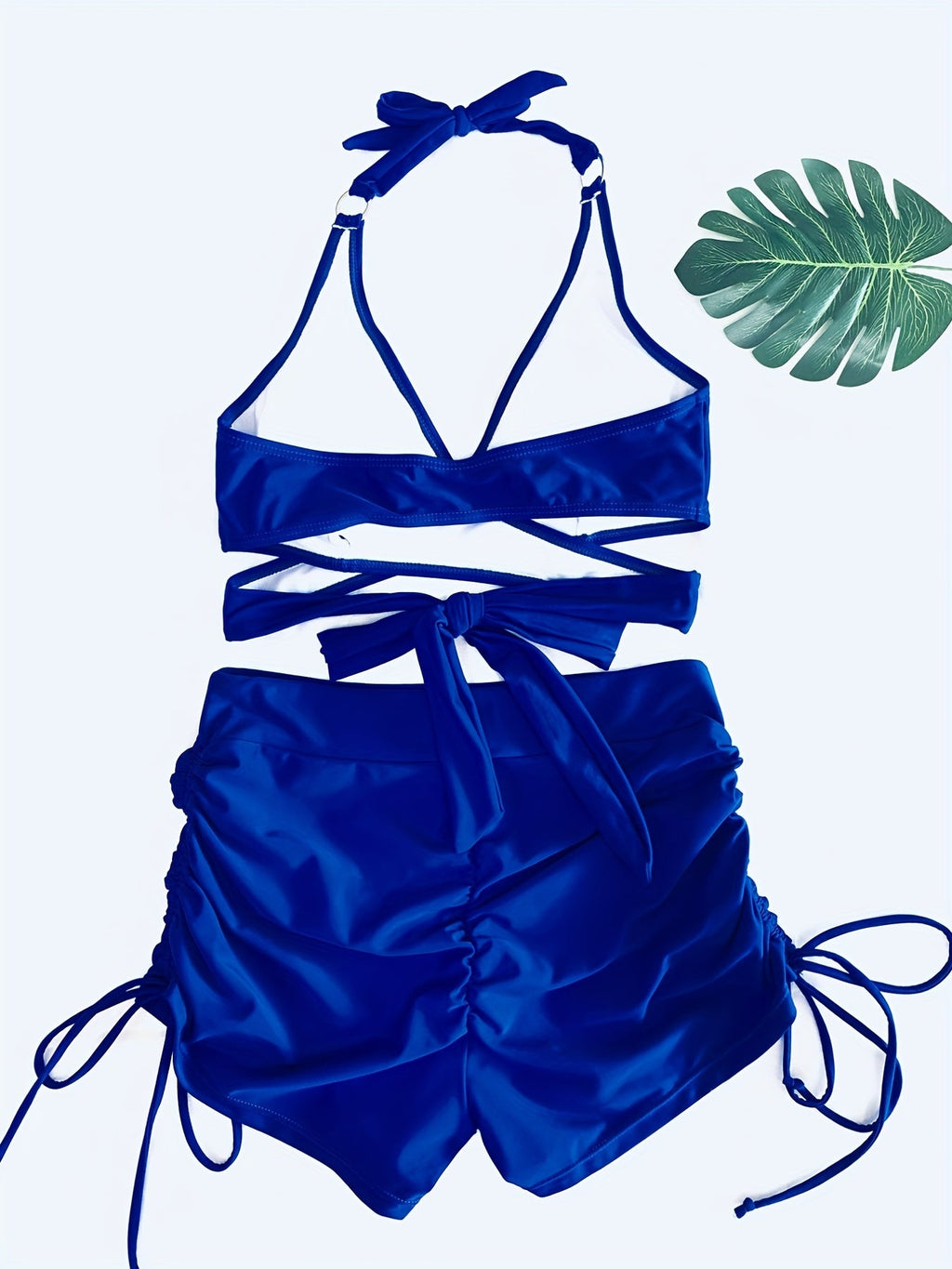 Ensemble bikini dos nu Coastal Curve pour femme – Maillot de bain dos nu à lacets avec col en V, détail anneau chic et short boxer taille haute pour l'été – Maillot de bain deux pièces élégant en nylon pour femme, style plage et piscine