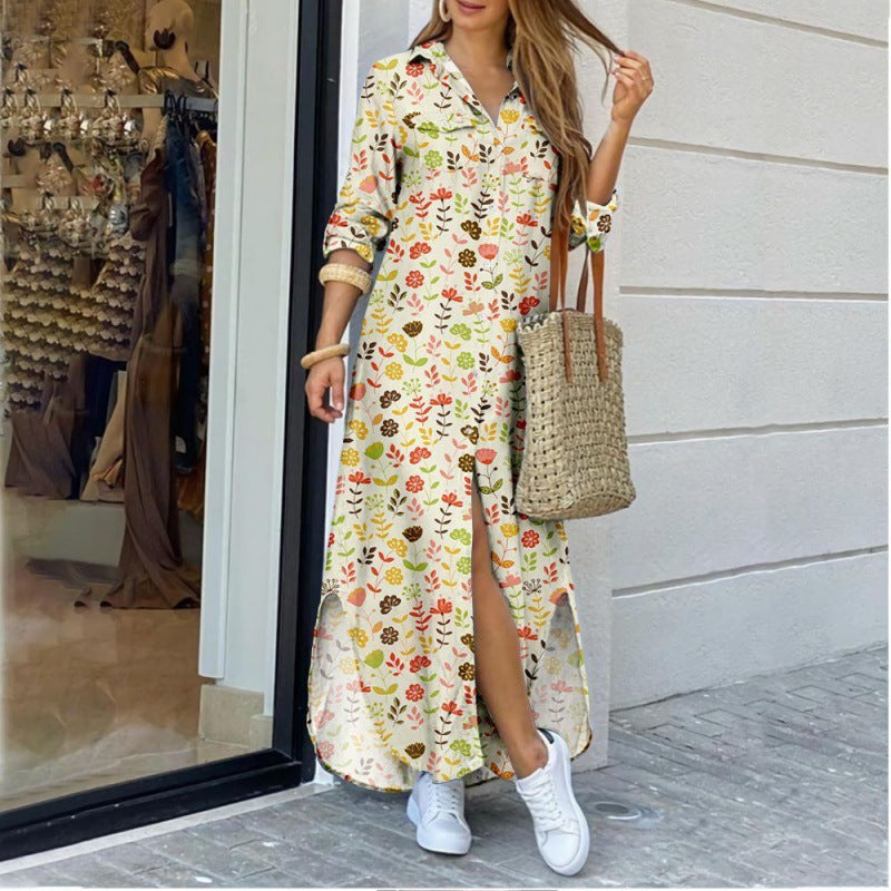 Robe longue chemise à col revers pour femme – Coupe décontractée mi-longue à imprimé floral