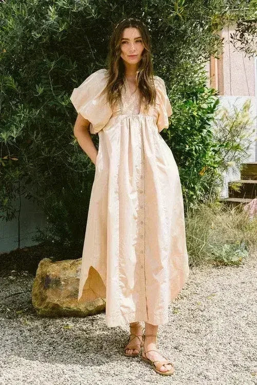 Robe Midi Annie Wear à Manches Courtes Bouffantes et Smocks
