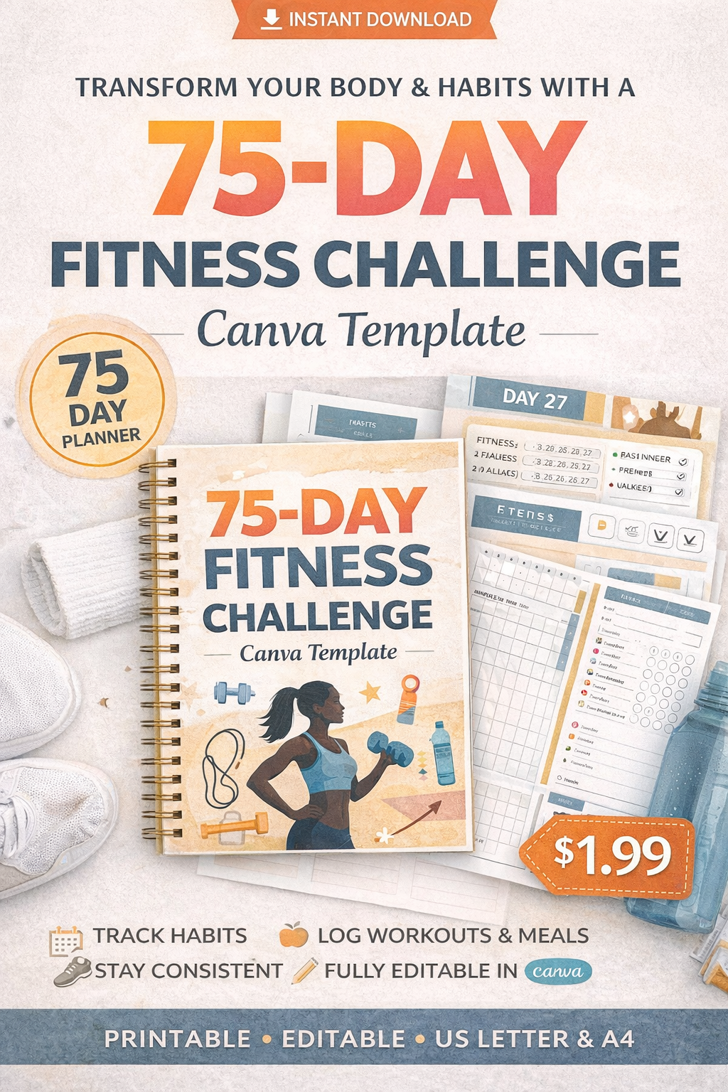 Modèle Canva de défi de remise en forme de 75 jours - Agenda quotidien modifiable