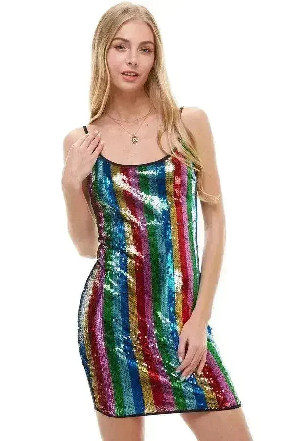 Mini-robe rayée à sequins multicolores et fines bretelles