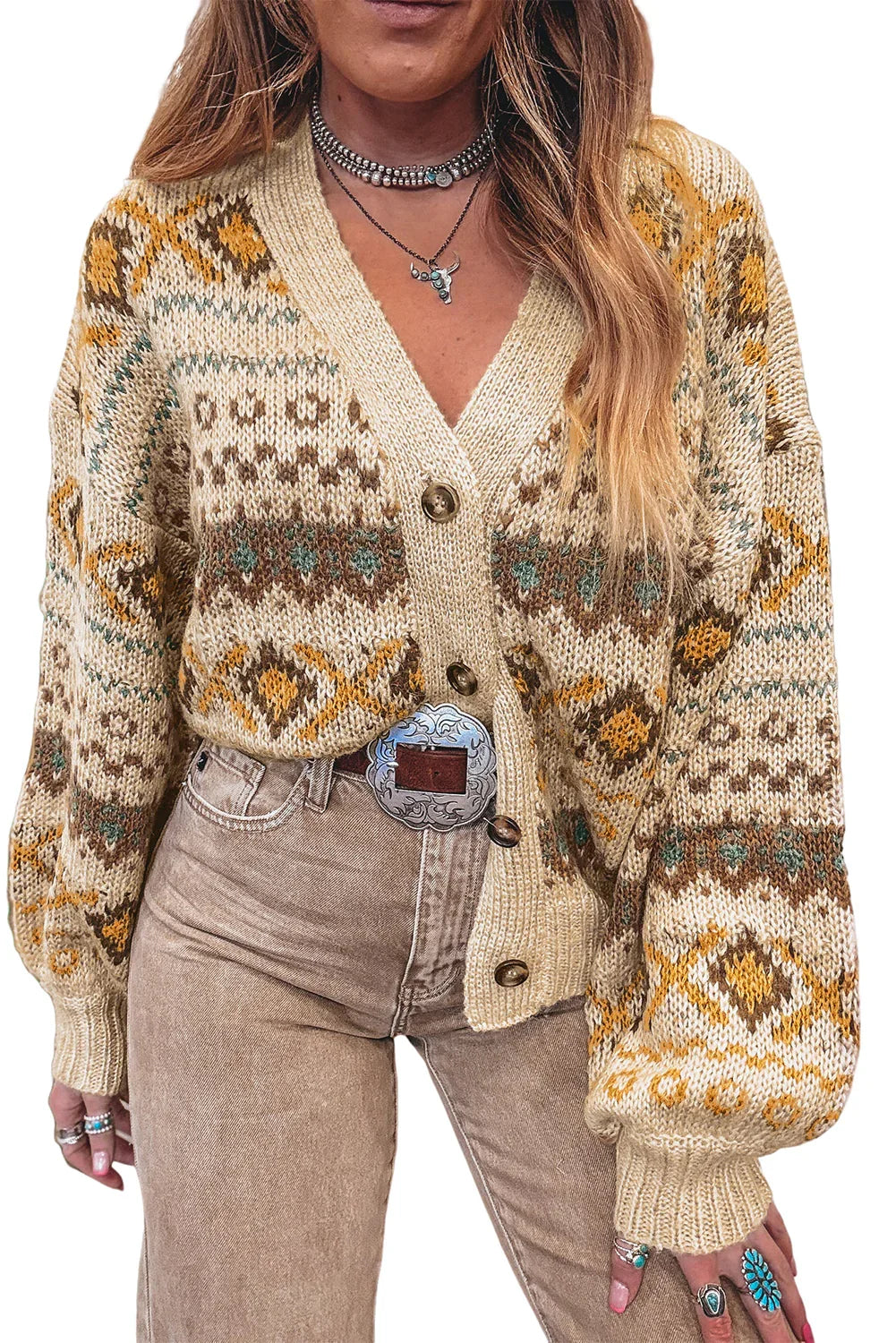 Cardigan à col en V boutonné à motif géométrique kaki