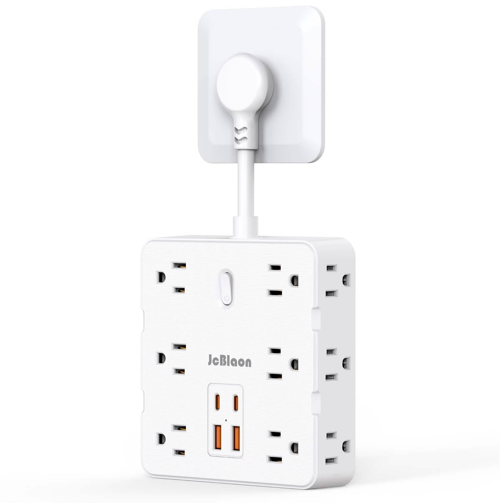 Multiprise 16-en-1 – 12 prises CA et 4 ports USB, blanche