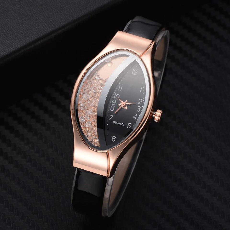 Montre de luxe Ellipse en PU à bracelet en cuir pour femmes, montre-bracelet à quartz sport en strass pour femmes et jeunes filles