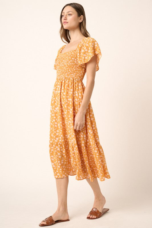 Nouvelle Robe Midi Été Fleurie à Manches Volantes Froncée pour Femme – Style Volant, Tendance, Romantique et Féminin