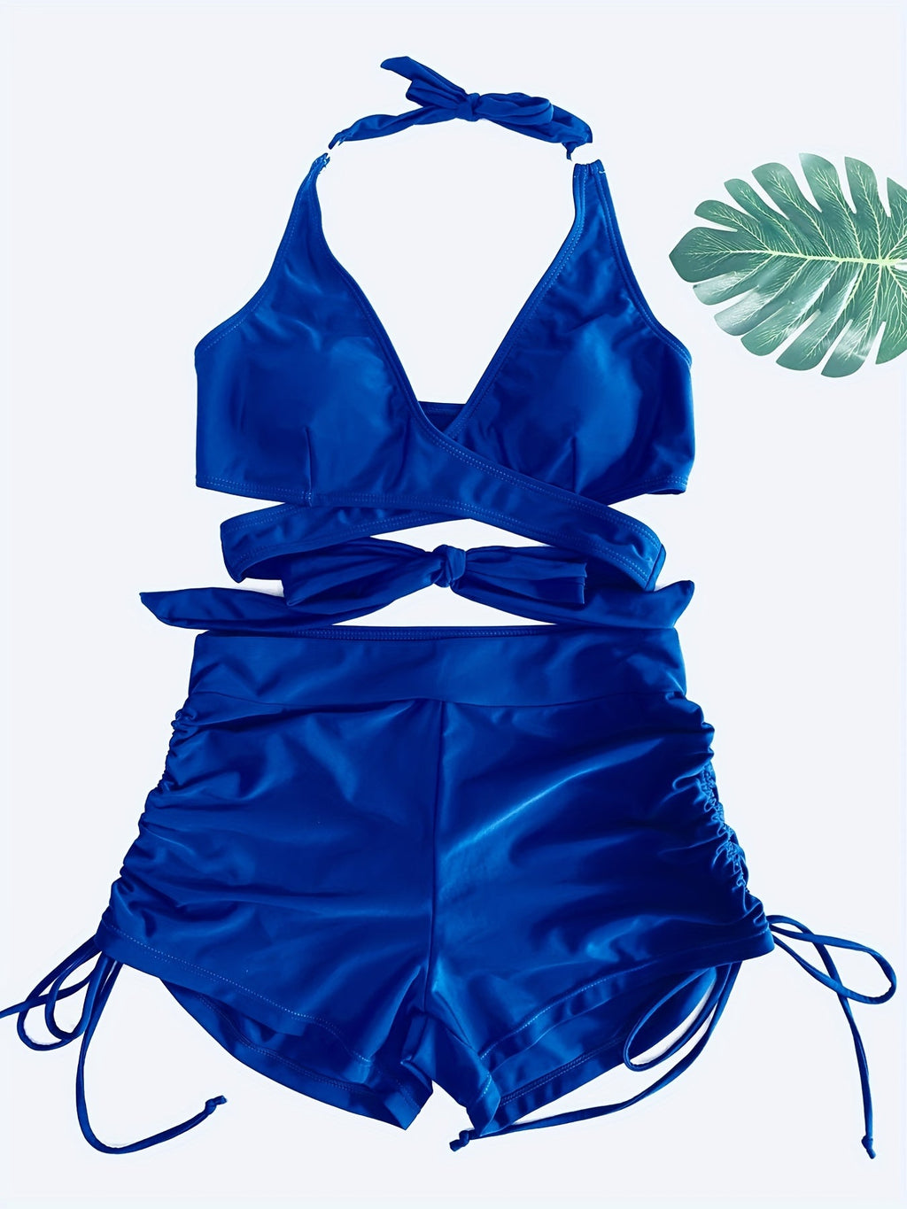 Ensemble bikini dos nu Coastal Curve pour femme – Maillot de bain dos nu à lacets avec col en V, détail anneau chic et short boxer taille haute pour l'été – Maillot de bain deux pièces élégant en nylon pour femme, style plage et piscine