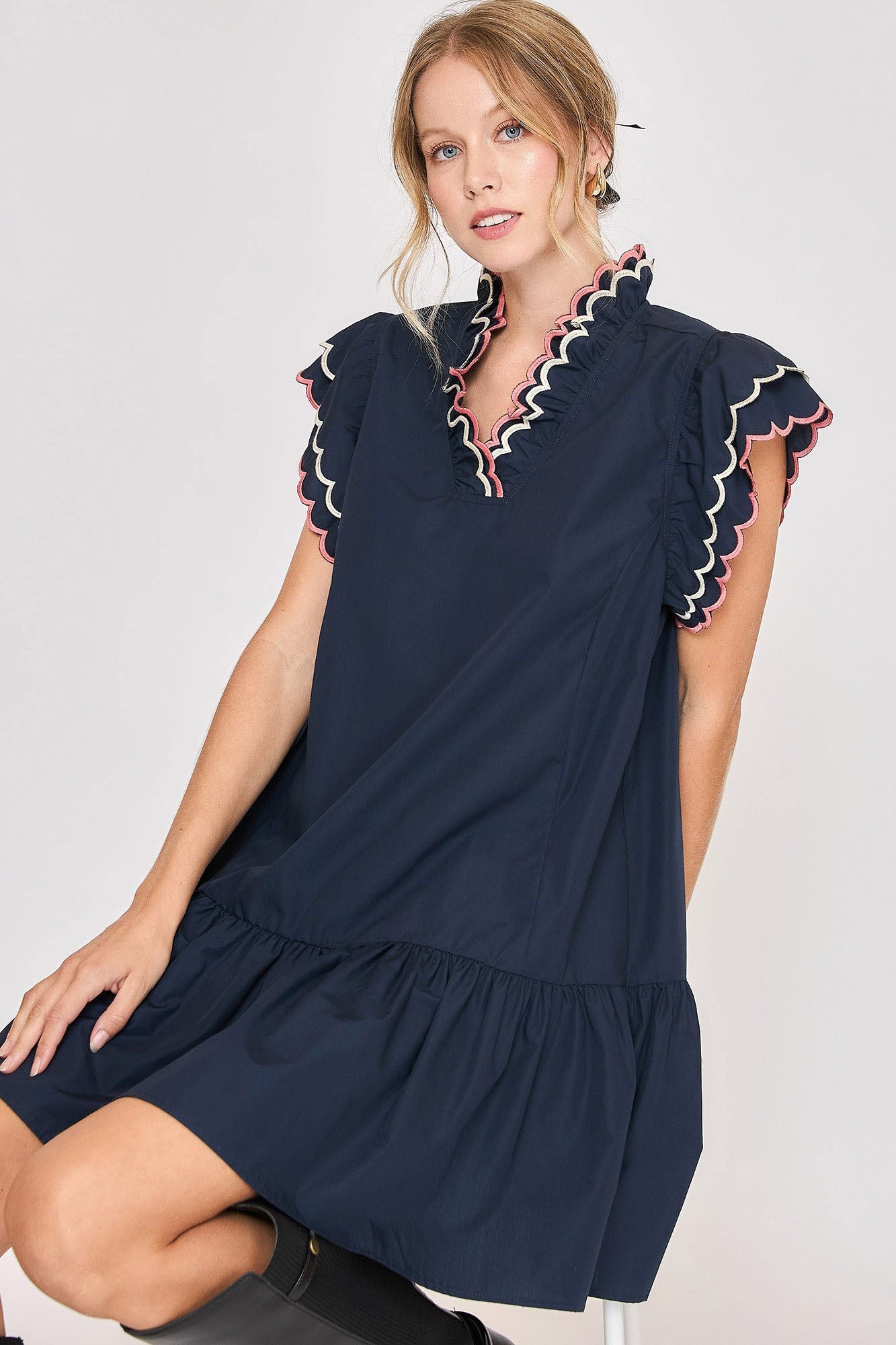 Classic Full Size Ruffled Sleeve Plus Size Dress Elegant & Feminine Chic Dress Dark Navy Women Dress