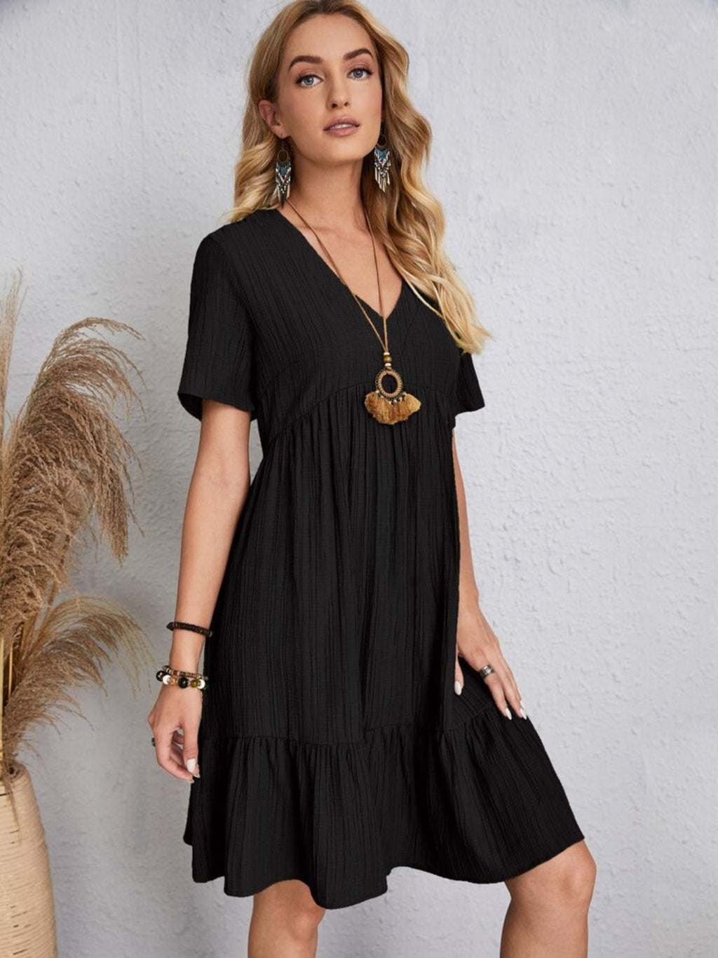 Robe Classique Col V Manches Courtes Décontractée et Confortable pour Femmes