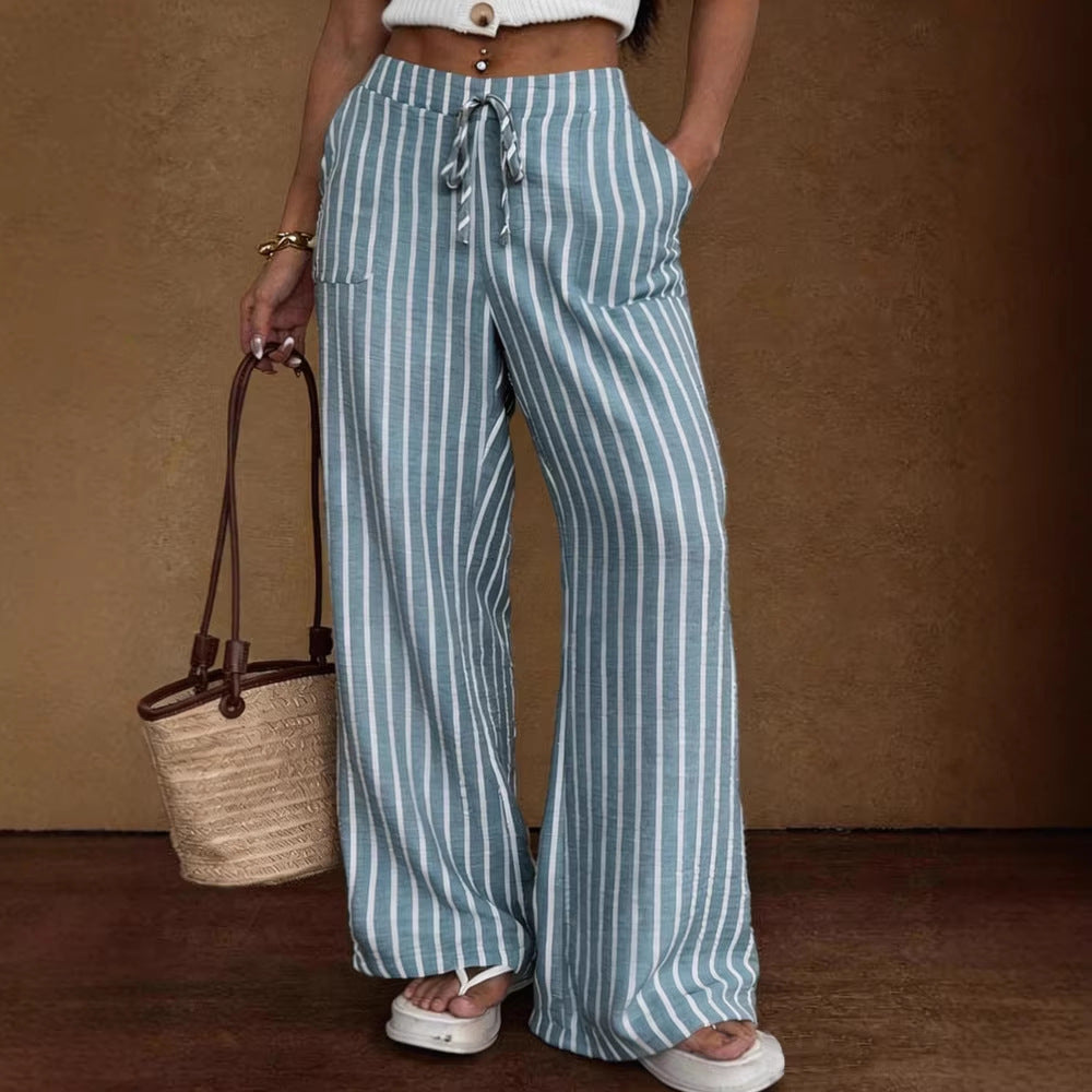 Pantalon large rayé pour femme – Taille élastique à lacets coupe ample