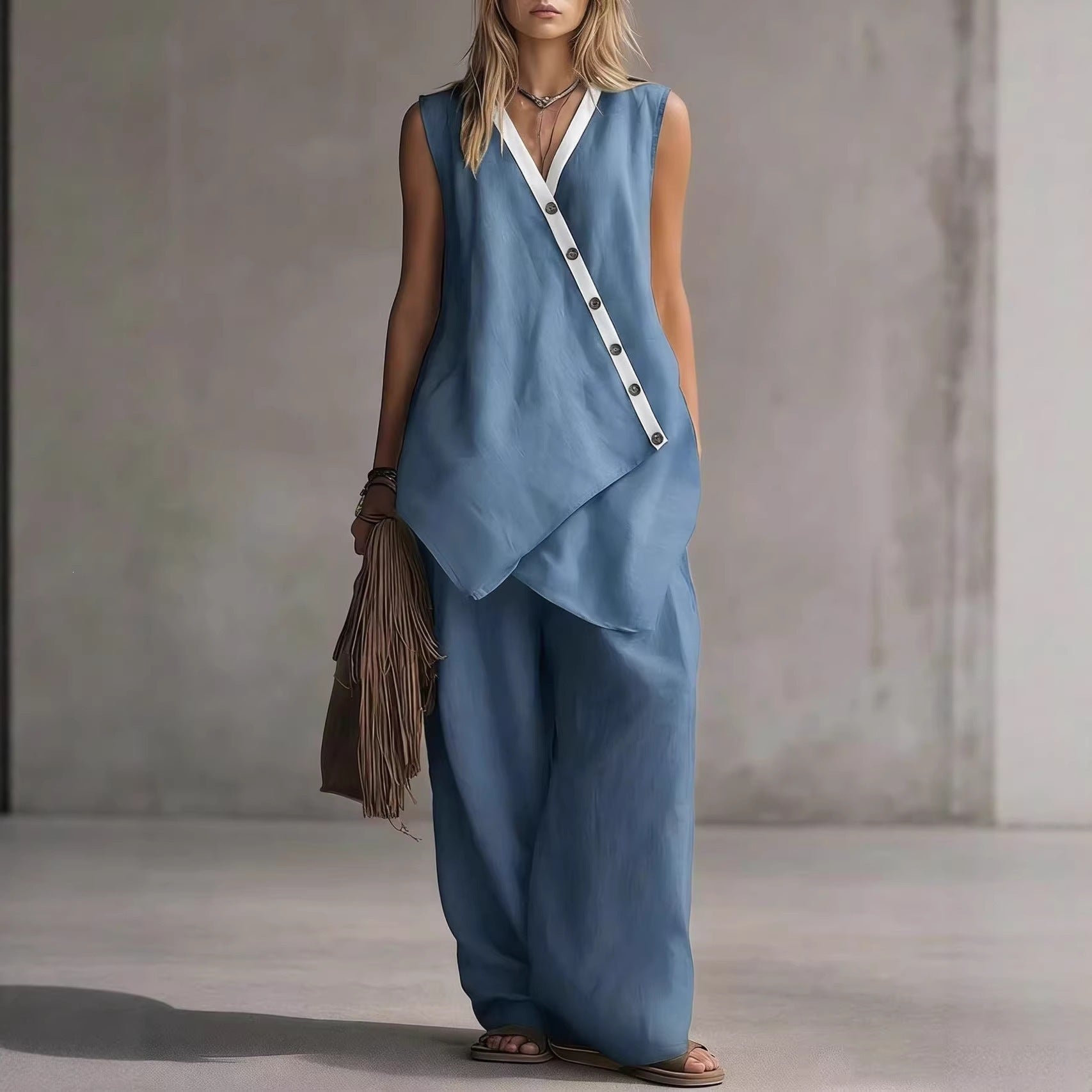 Ensemble gilet boutonnée à col en V et pantalon large de style bohème pour femme