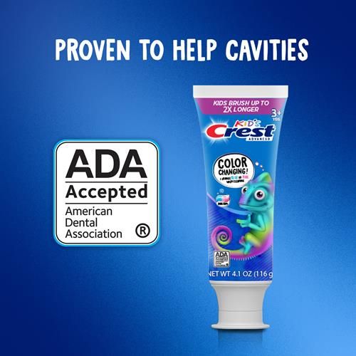 Dentifrice au fluor Crest Advanced Kids, saveur bubblegum, 120 g, lot de 3, dentifrice anti-caries à changement de couleur