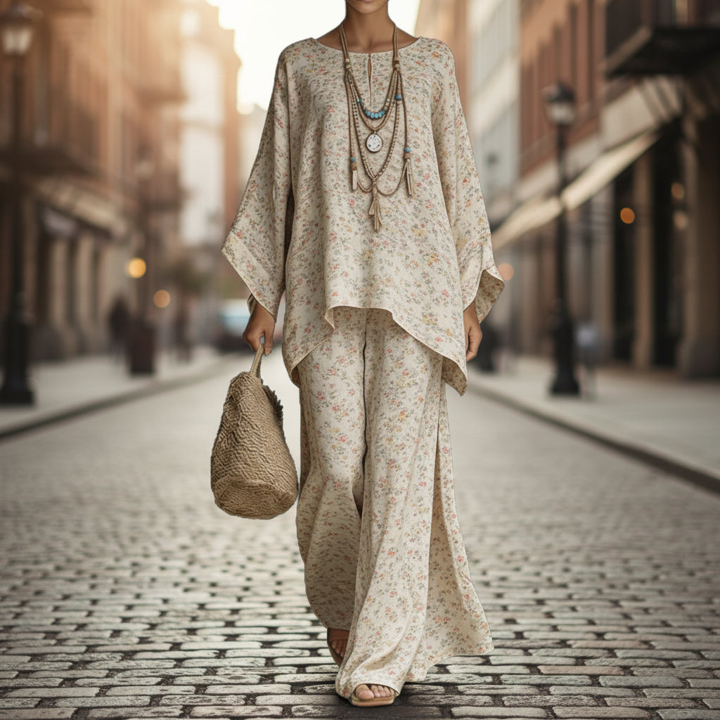 Ensemble deux pièces en lin de bambou à imprimé floral | Pantalon large