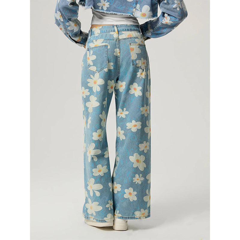 Jean droit vintage à imprimé floral pour femme