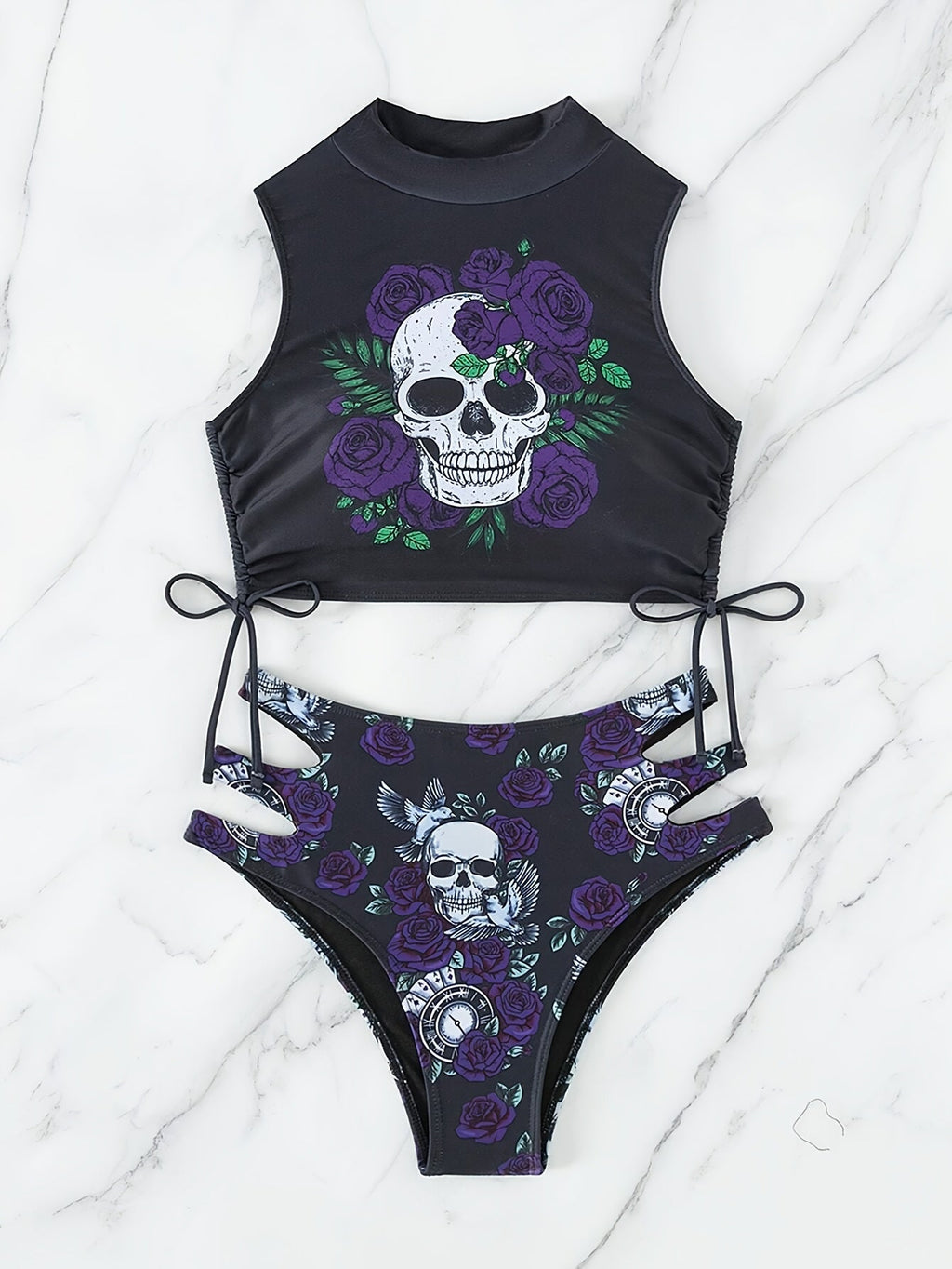 Maillot de Bain 2 Pièces Bikini Imprimé Tête de Mort Creux pour Femme – Maillot de Bain Nœud Papillon Floral Sexy à Lacets avec Col Rond – Ensemble Bikini Extensible Thème Halloween pour Fête à la Plage, Festival et Vacances d'Été
