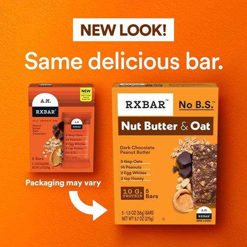 Rxbar Barres protéinées aux noix et avoine, collations protéinées, barres de collation, beurre de cacahuète chocolat noir, boîte de 275 g (5 barres)