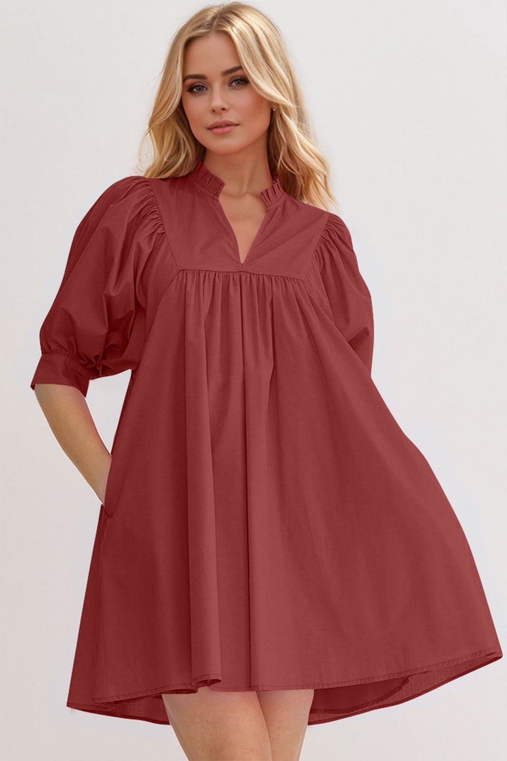 Mini-robe rose à manches bouffantes Robe décontractée et féminine pour femme Robe d'été simple et classique