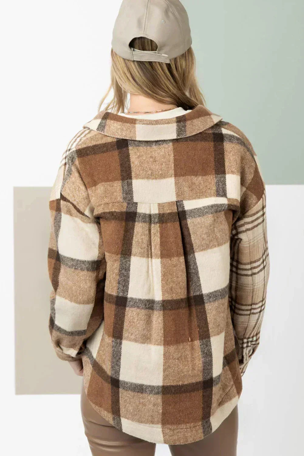 Surchemise en flanelle beige clair à carreaux style patchwork