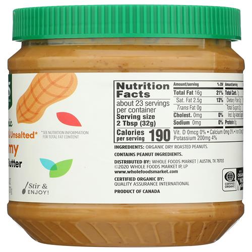 Beurre de cacahuètes crémeux biologique sans sucre et sans sel ajouté Whole Foods Market, 737 g