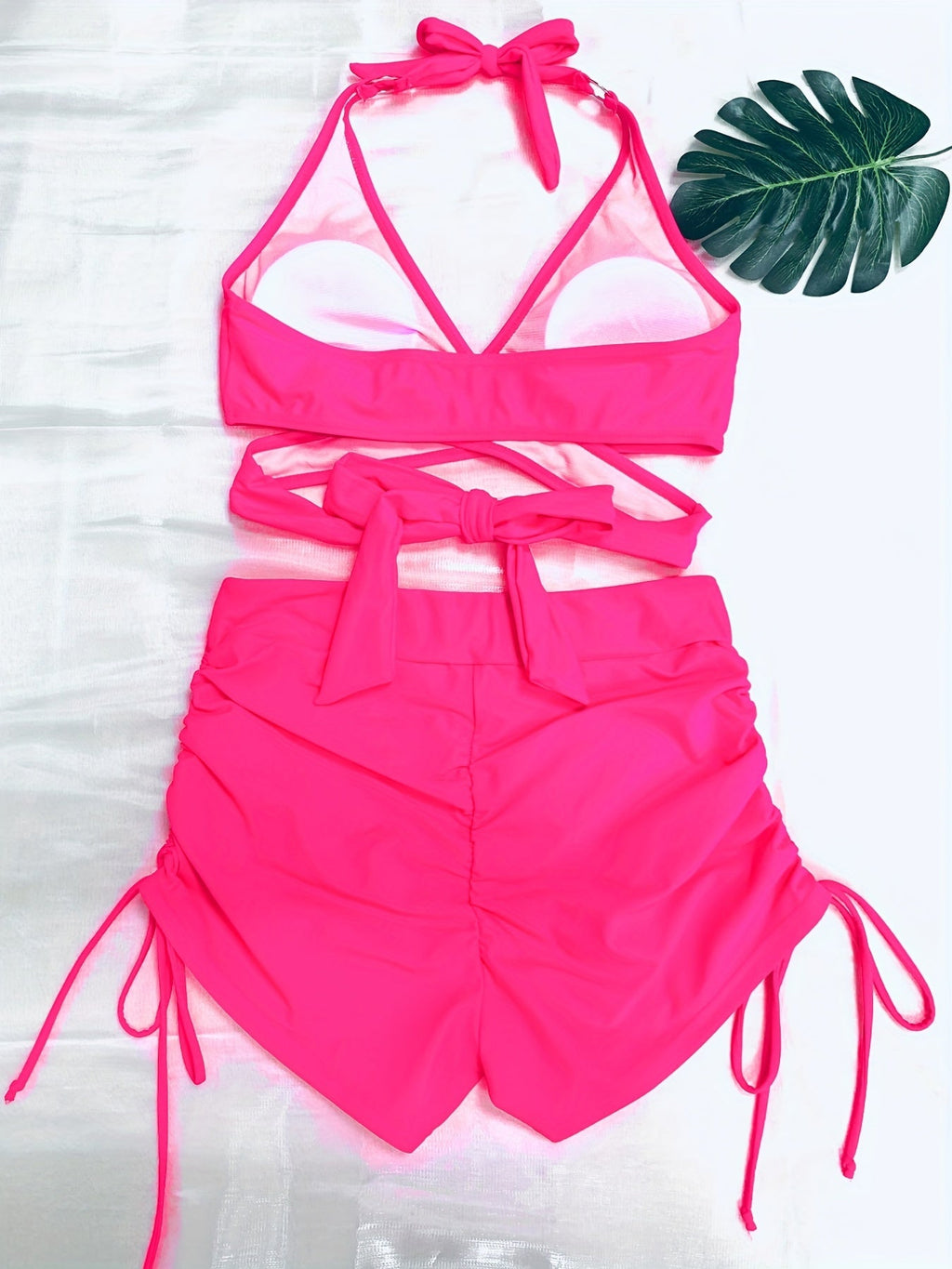 Ensemble bikini dos nu Coastal Curve pour femme – Maillot de bain dos nu à lacets avec col en V, détail anneau chic et short boxer taille haute pour l'été – Maillot de bain deux pièces élégant en nylon pour femme, style plage et piscine