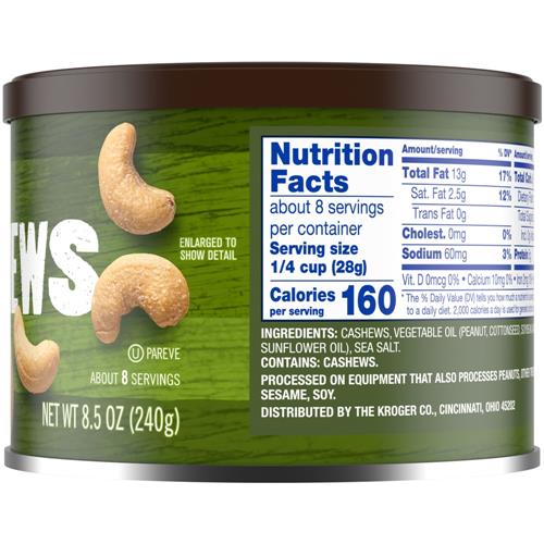 Noix de cajou entières légèrement salées de 8,5 oz de marque Kroger
