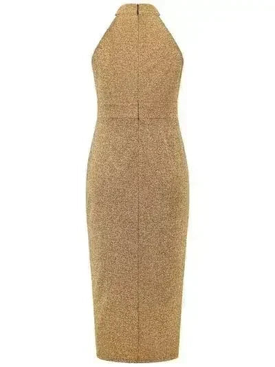 Robe sans manches à col montant, froncée et fendue