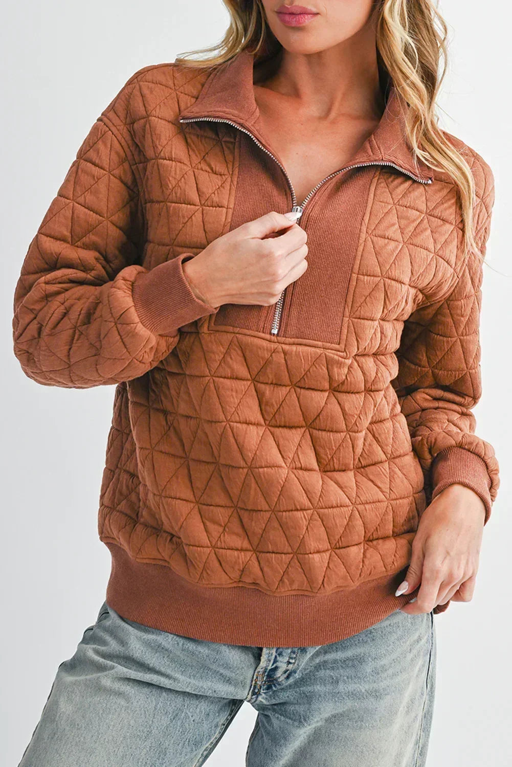 Sweat-shirt Femme à Manches Longues avec Col Zippé et Texture Marron - Femstylo