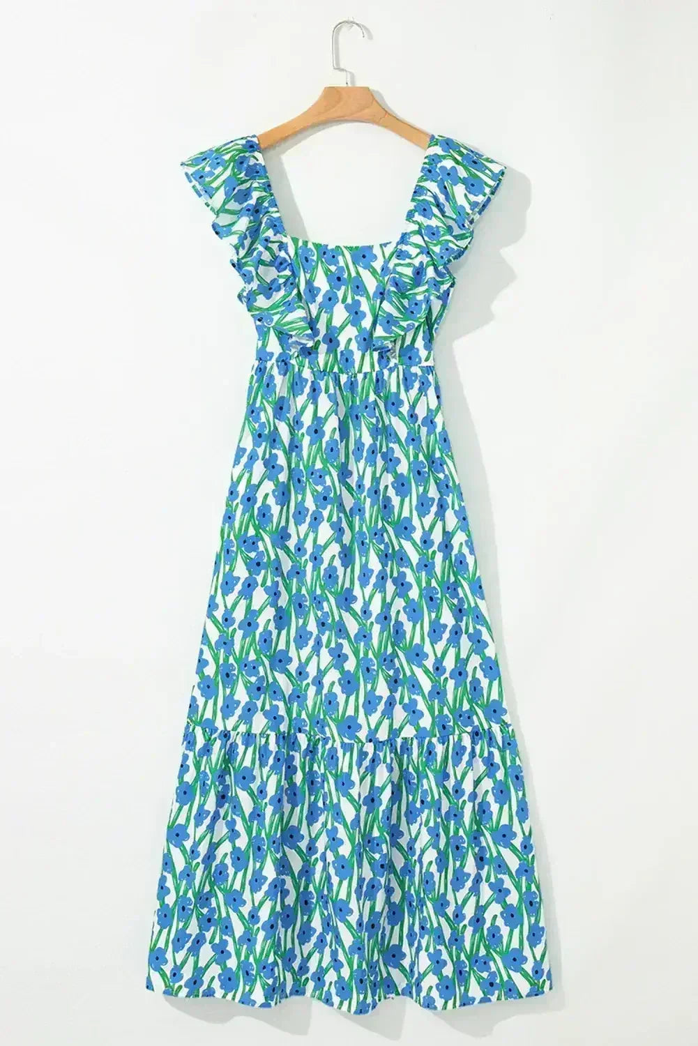 Robe longue à imprimé floral rose, col carré et bretelles à volants