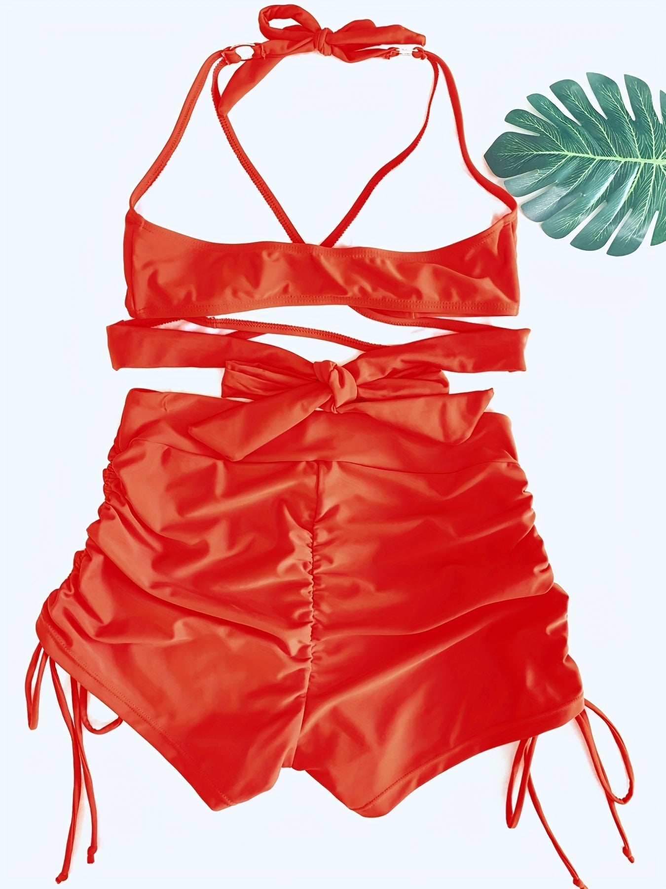 Ensemble bikini dos nu Coastal Curve pour femme – Maillot de bain dos nu à lacets avec col en V, détail anneau chic et short boxer taille haute pour l'été – Maillot de bain deux pièces élégant en nylon pour femme, style plage et piscine