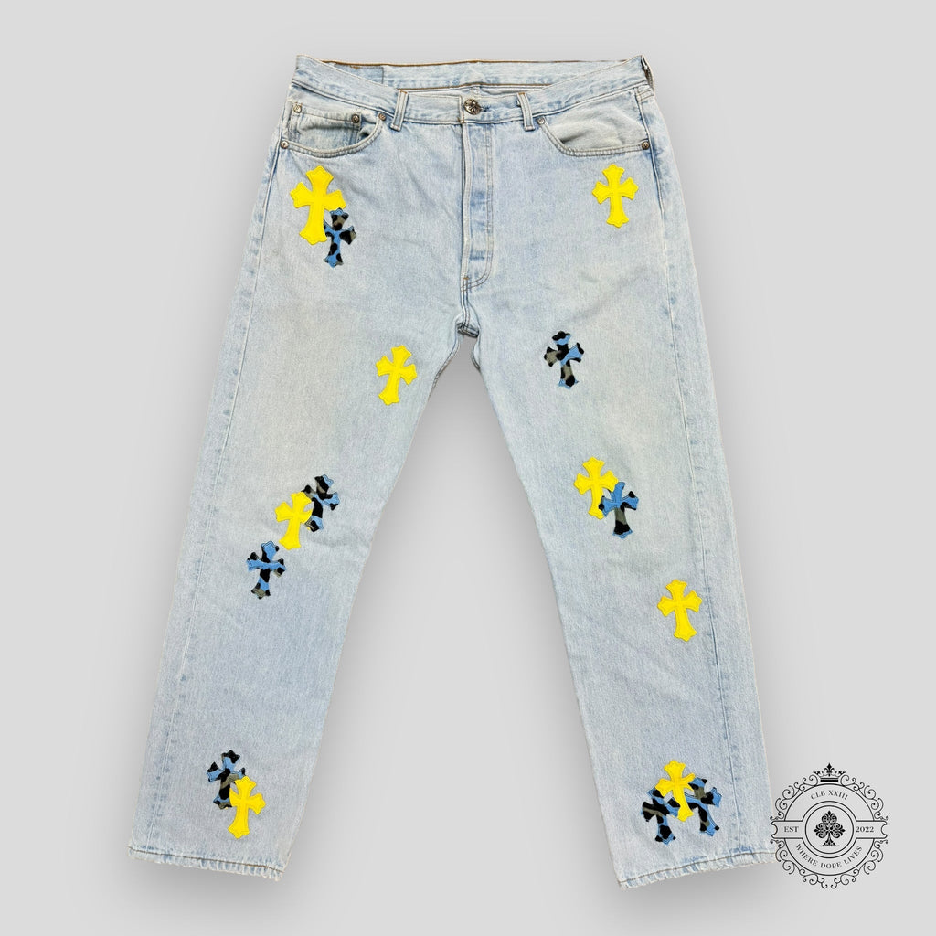 Chrome Hearts Jean Jaune / Bleu avec Patch Croix