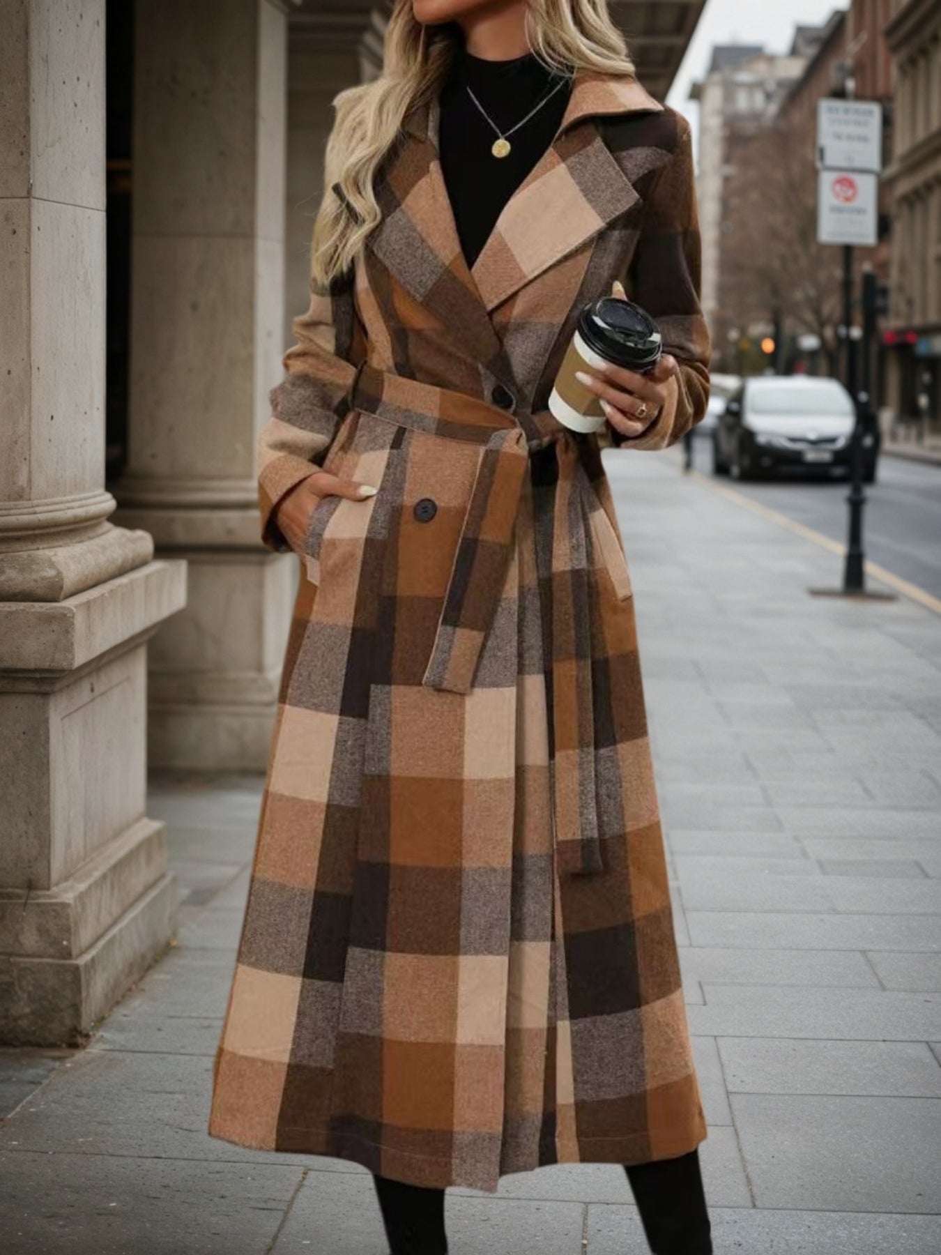 Manteau croisé en laine à revers pour femme - Longue veste coupe-vent à lacets