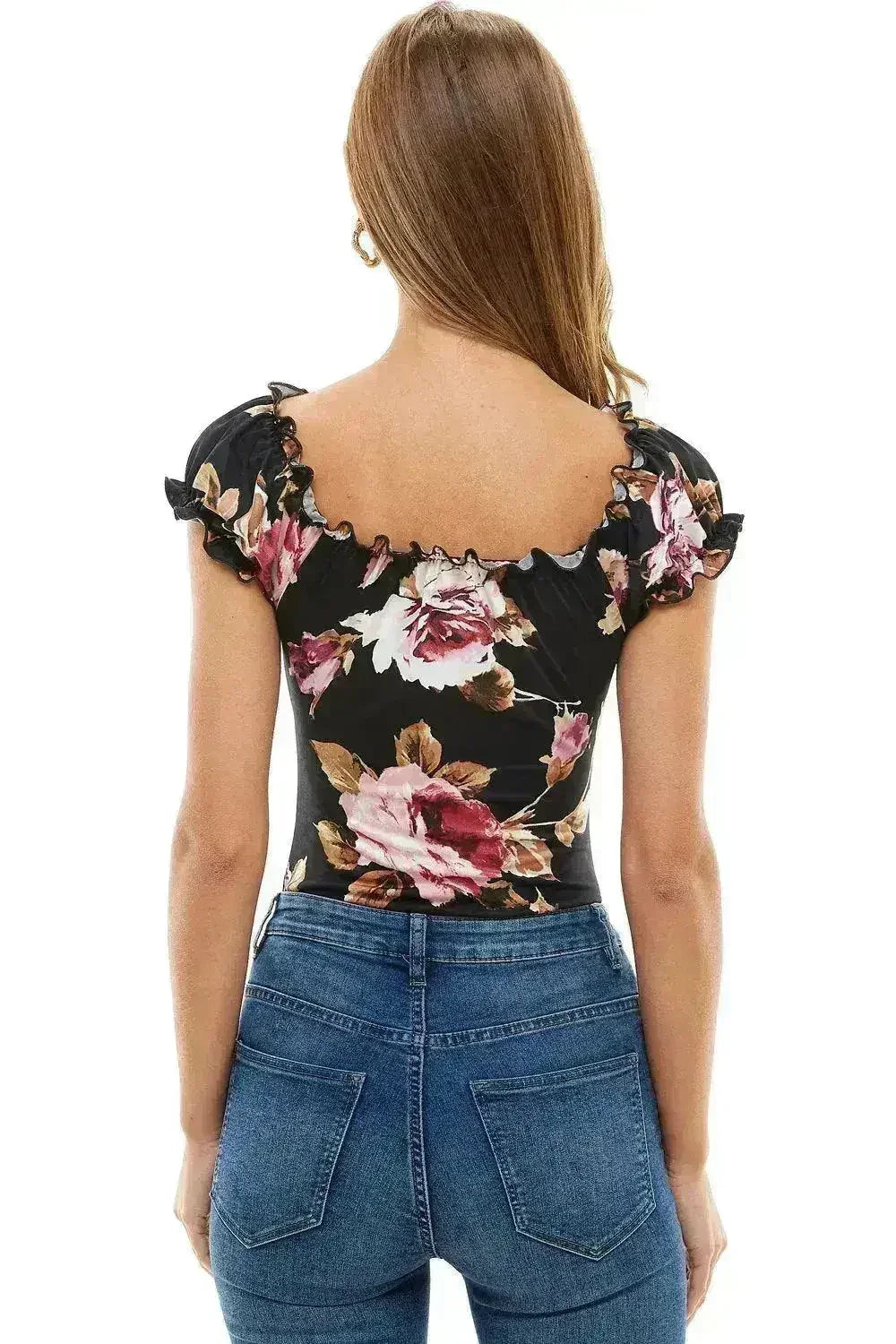 Body imprimé floral à manches bouffantes paysannes USA - Femstylo