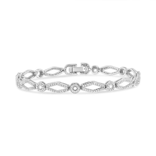 .925 Sterling Silver 1 1/2 Cttw Diamond Studded Alternating Circle and Kite-Shaped Vintage-Style Link Bracelet (I-J Color, I2-I3 Clarity) 7 Inch
