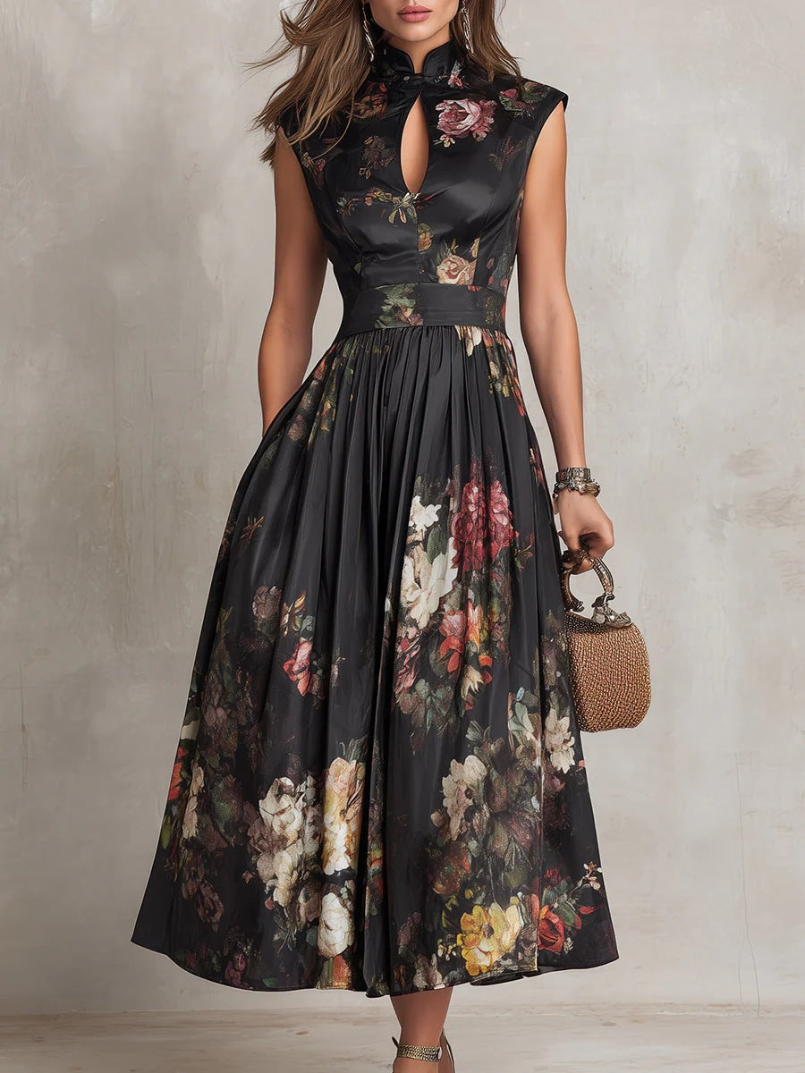 Robe longue noire à imprimé floral numérique, taille haute – Robe longue sans manches à ourlet irrégulier