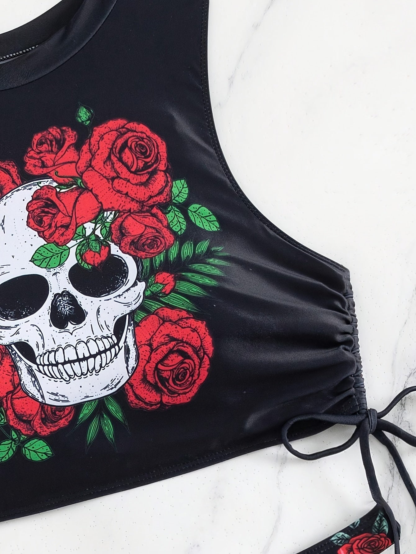 Maillot de Bain 2 Pièces Bikini Imprimé Tête de Mort Creux pour Femme – Maillot de Bain Nœud Papillon Floral Sexy à Lacets avec Col Rond – Ensemble Bikini Extensible Thème Halloween pour Fête à la Plage, Festival et Vacances d'Été