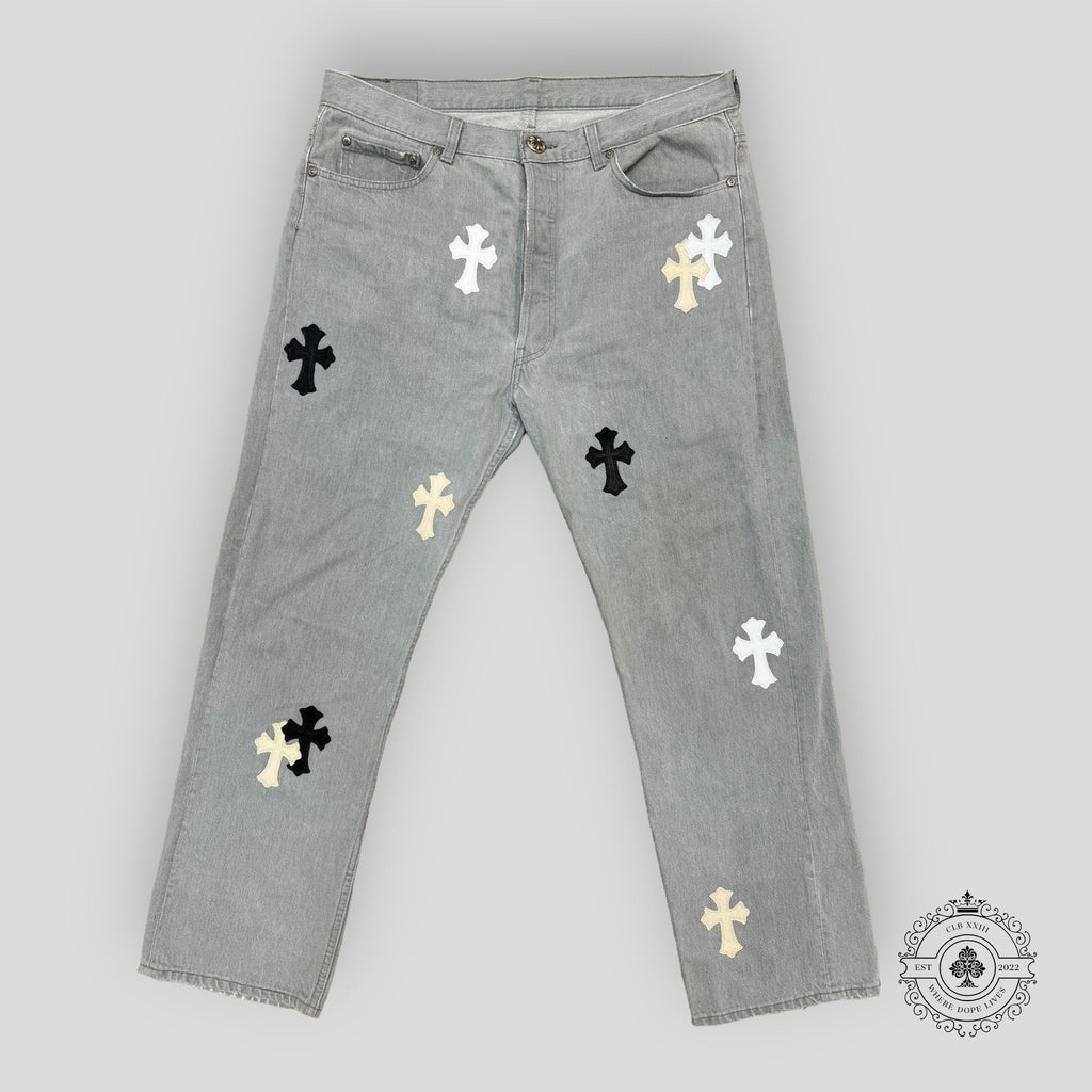 Jean Chrome Hearts à patchs croisés blancs/crèmes