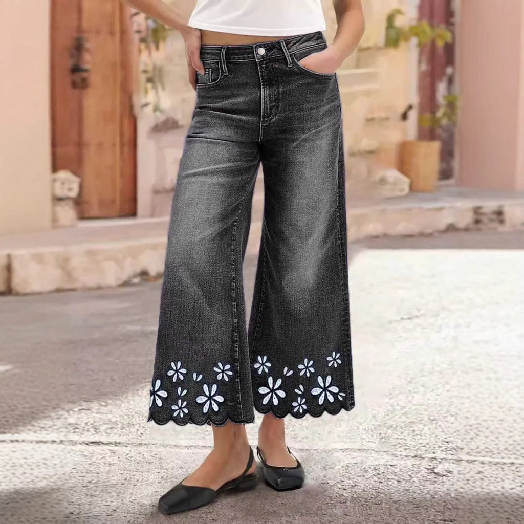 Jean en denim brodé de chrysanthèmes – Coupe droite ample pour femme