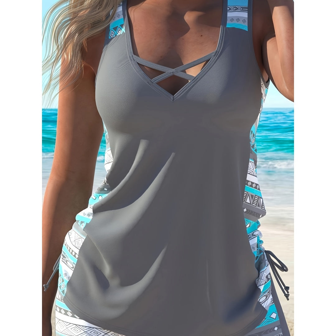 Ensemble tankini grandes tailles à imprimé aztèque – Maillot de bain deux pièces avec haut à col en V et bretelles croisées et short de cyclisme
