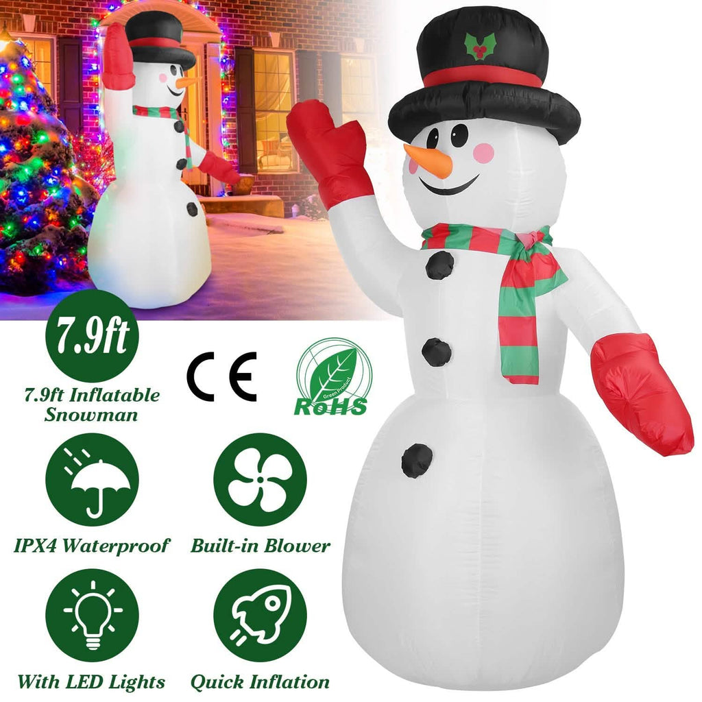 Bonhomme de Neige Gonflable Géant de Noël 2,4 m avec Lumières LED Chapeau Écharpe