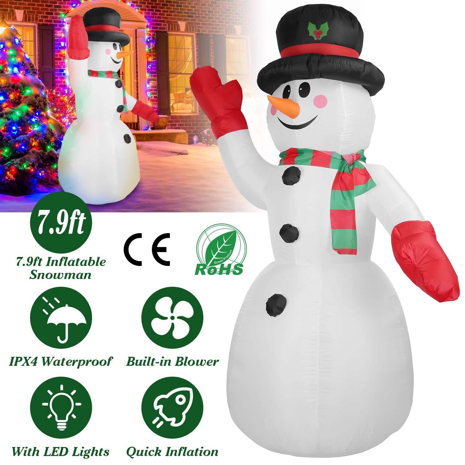 Bonhomme de Neige Gonflable Géant de Noël 2,4 m avec Lumières LED Chapeau Écharpe