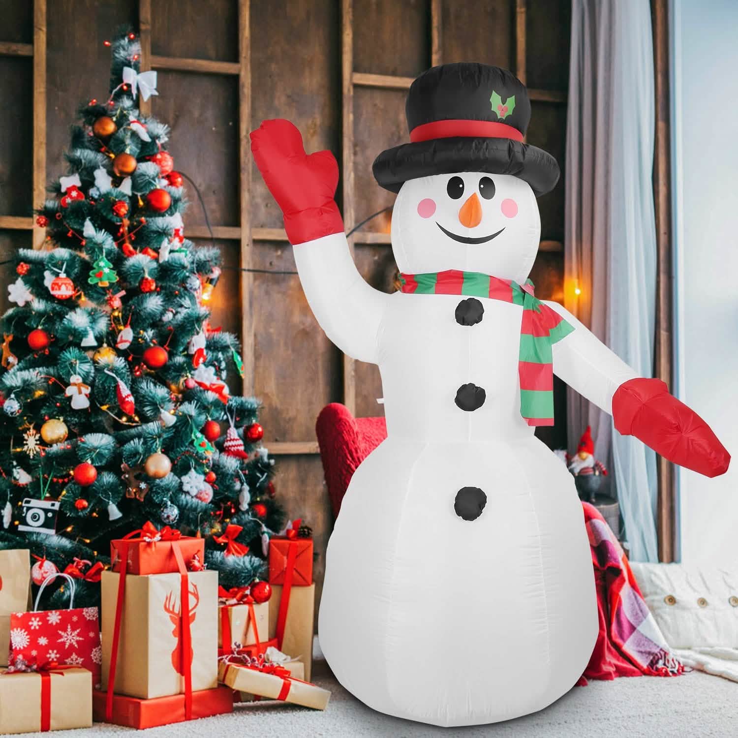 Bonhomme de Neige Gonflable Géant de Noël 2,4 m avec Lumières LED Chapeau Écharpe