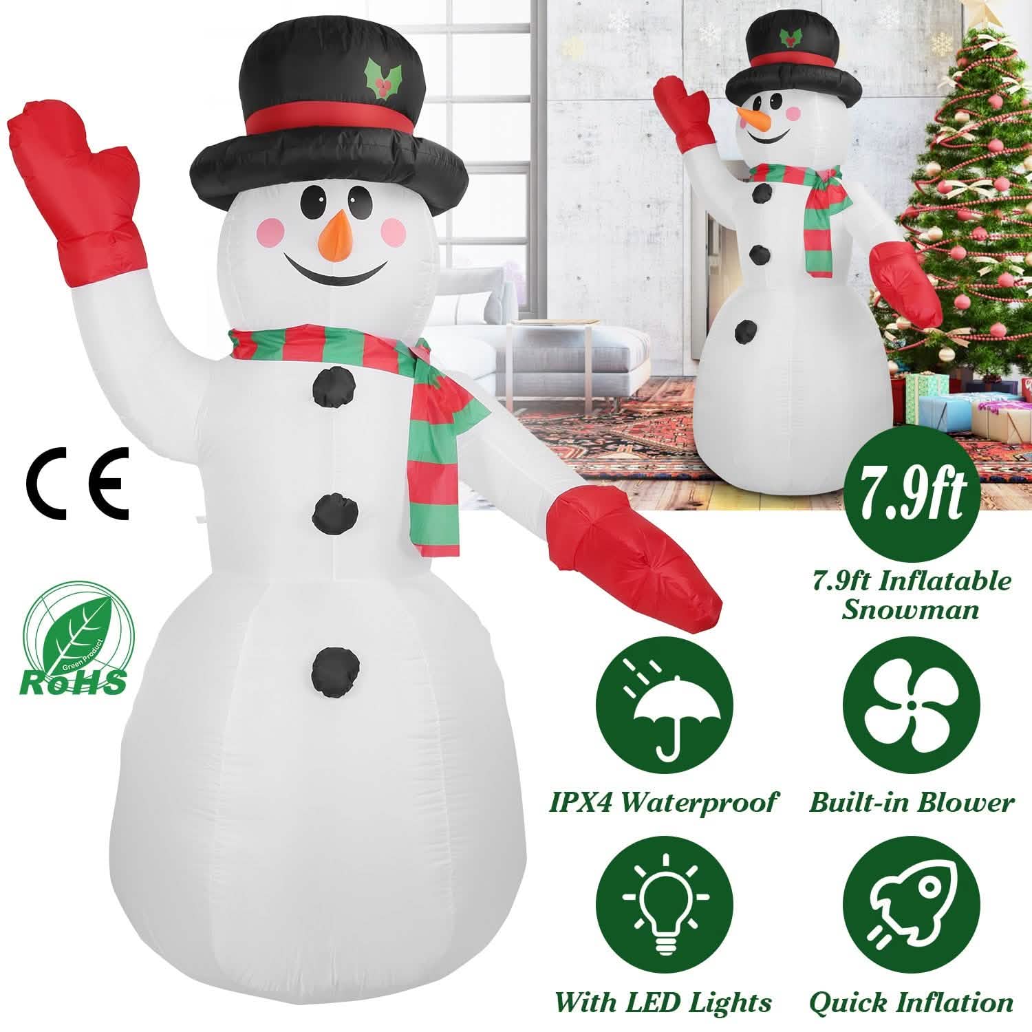 Bonhomme de Neige Gonflable Géant de Noël 2,4 m avec Lumières LED Chapeau Écharpe