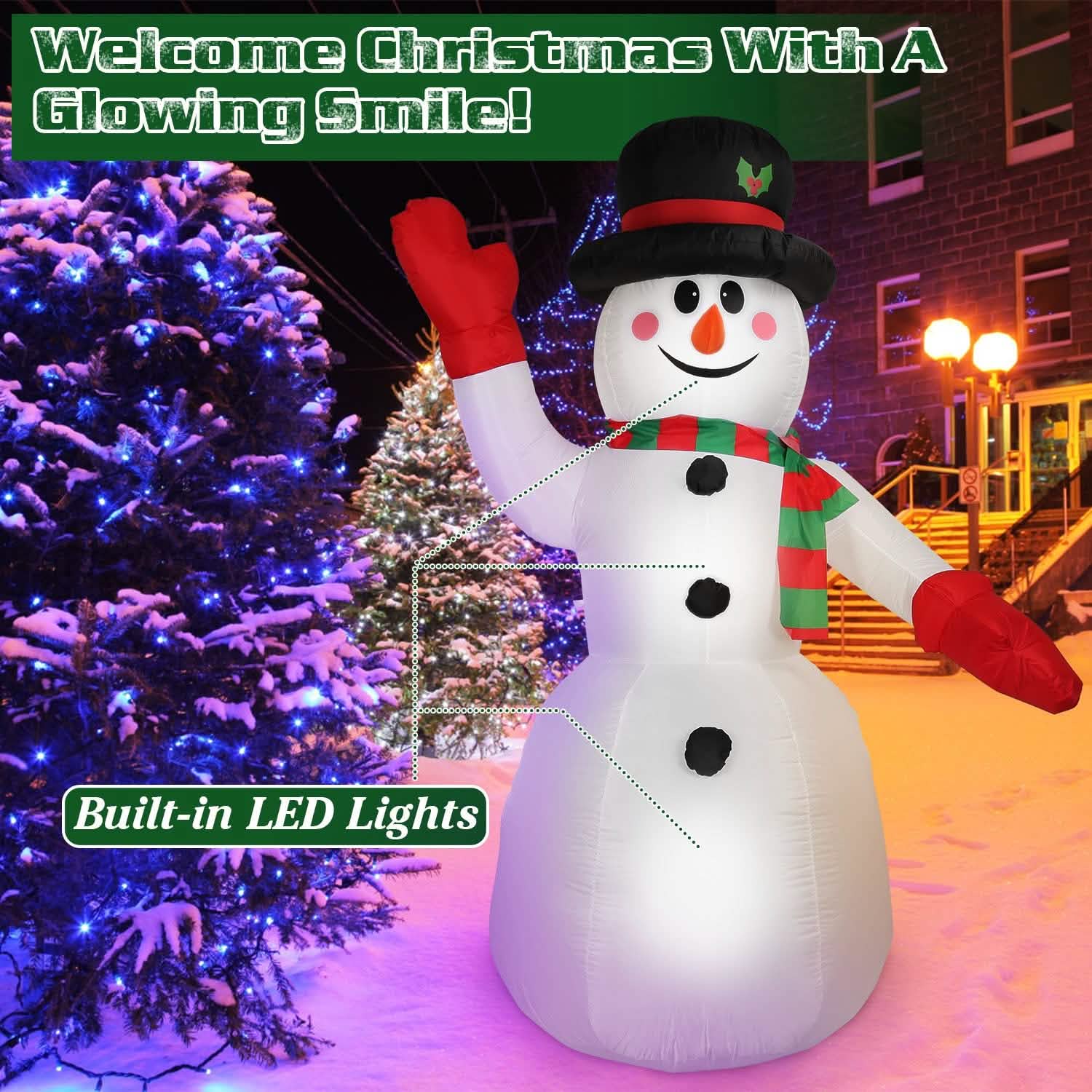 Bonhomme de Neige Gonflable Géant de Noël 2,4 m avec Lumières LED Chapeau Écharpe