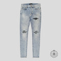Jean Amiri MX1 en cuir et denim stone indigo