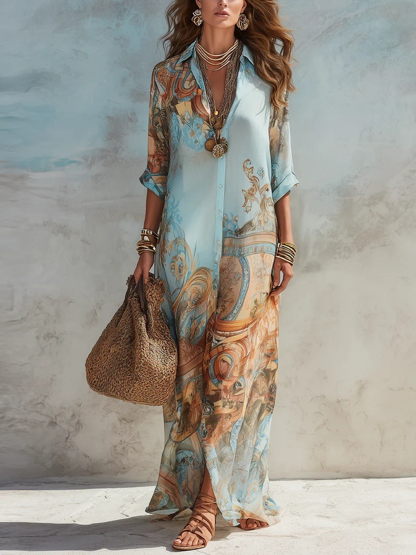 Robe midi évasée vintage en mousseline imprimée numérique – Robe d'été boutonnée pour femme