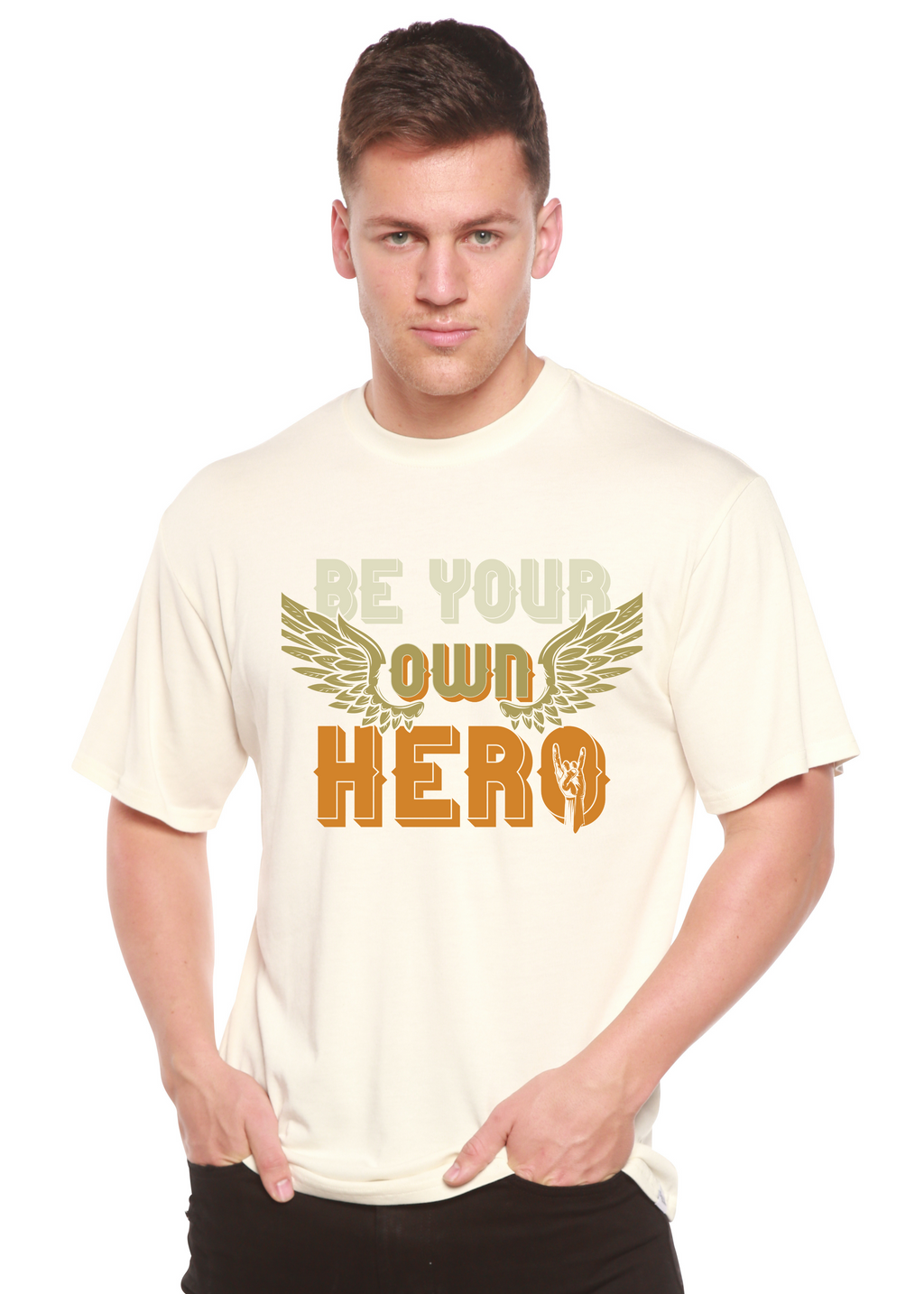 T-shirt graphique à manches courtes pour homme en viscose de bambou/coton biologique "Be Your Own Hero"