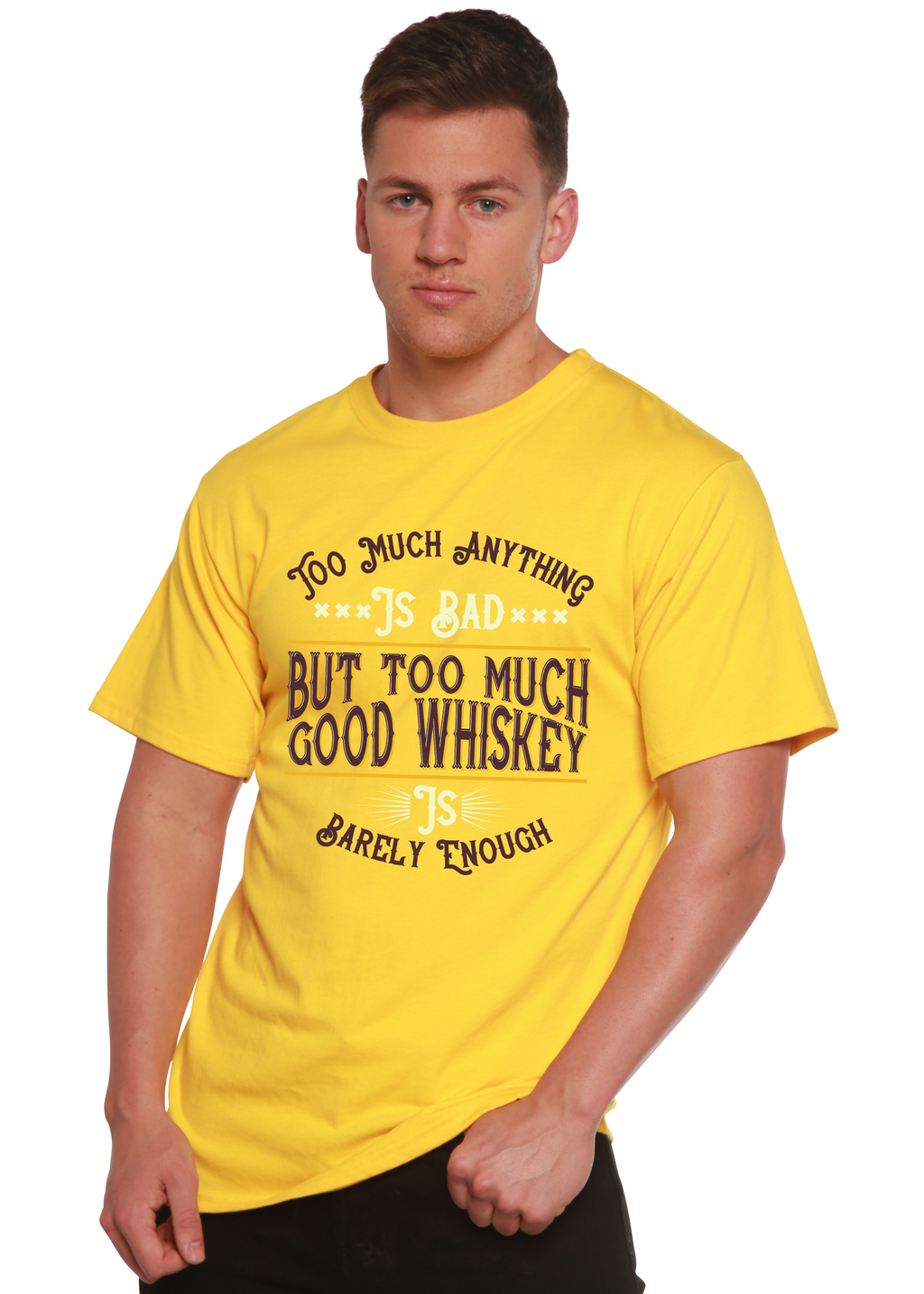 T-shirt graphique à manches courtes en viscose de bambou/coton biologique pour homme But Too Much Good Whiskey