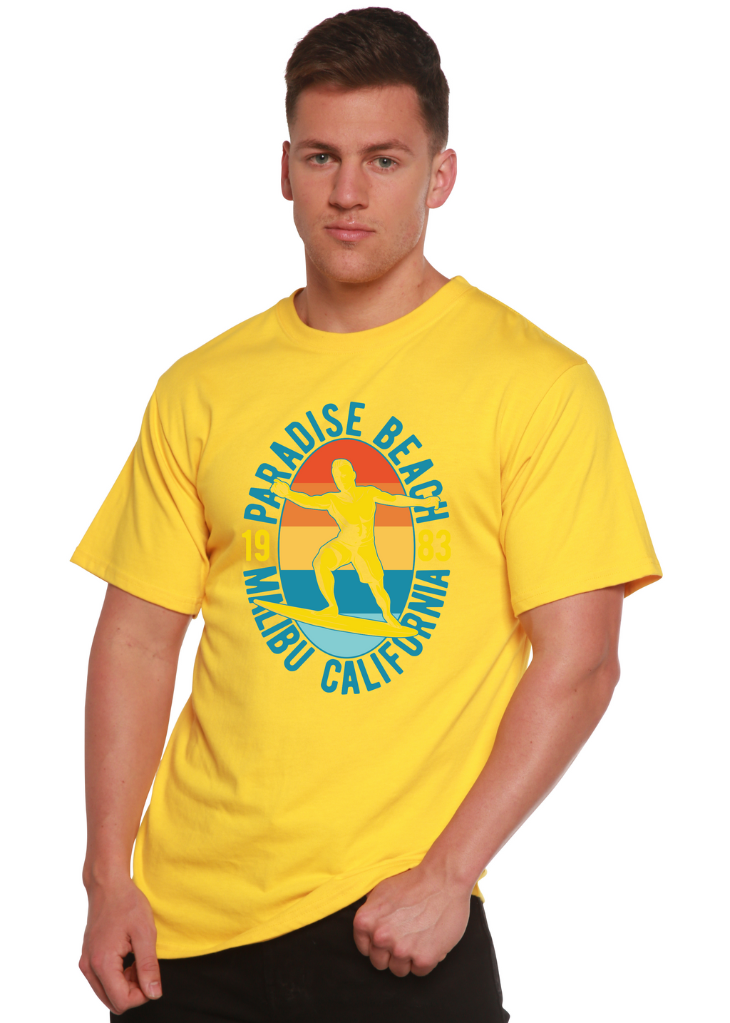 T-shirt graphique Paradise Beach 1983 à manches courtes en viscose de bambou/coton biologique pour homme