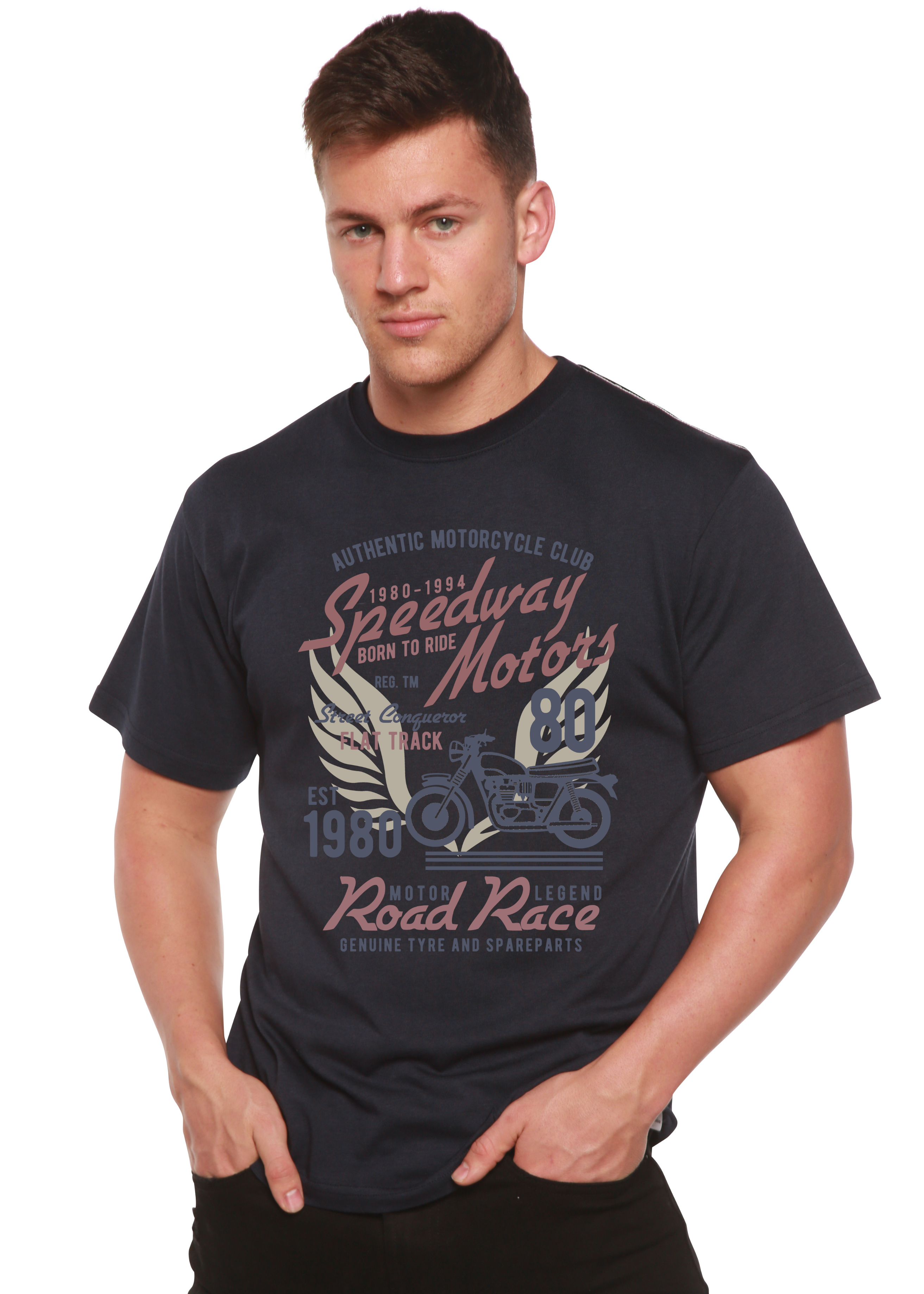 T-shirt graphique Speedway Motor Spun Bamboo® à manches courtes en viscose de bambou/coton biologique pour homme