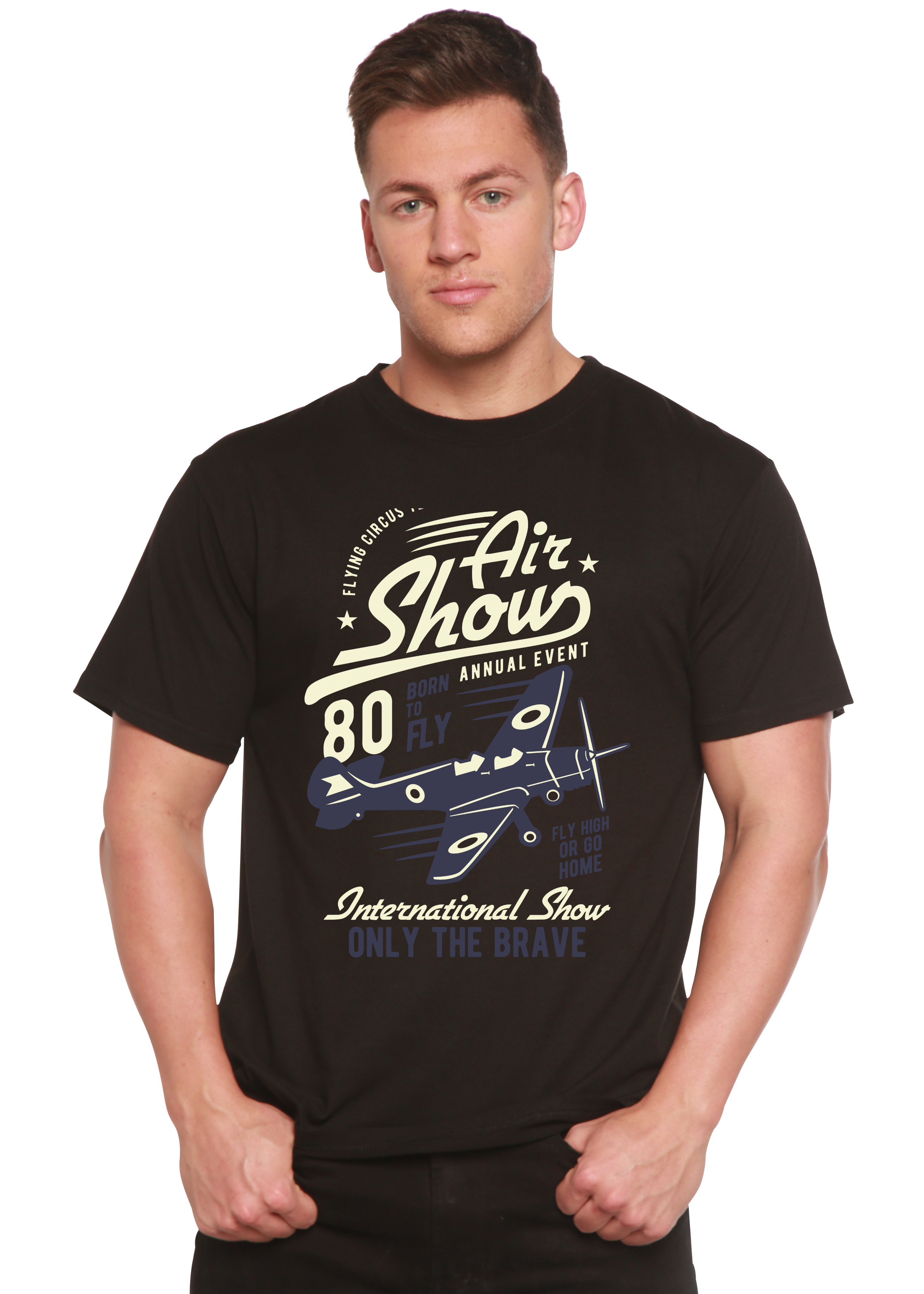 T-shirt à manches courtes avec motif graphique en viscose de bambou et coton biologique pour homme, motif « Meeting aérien »