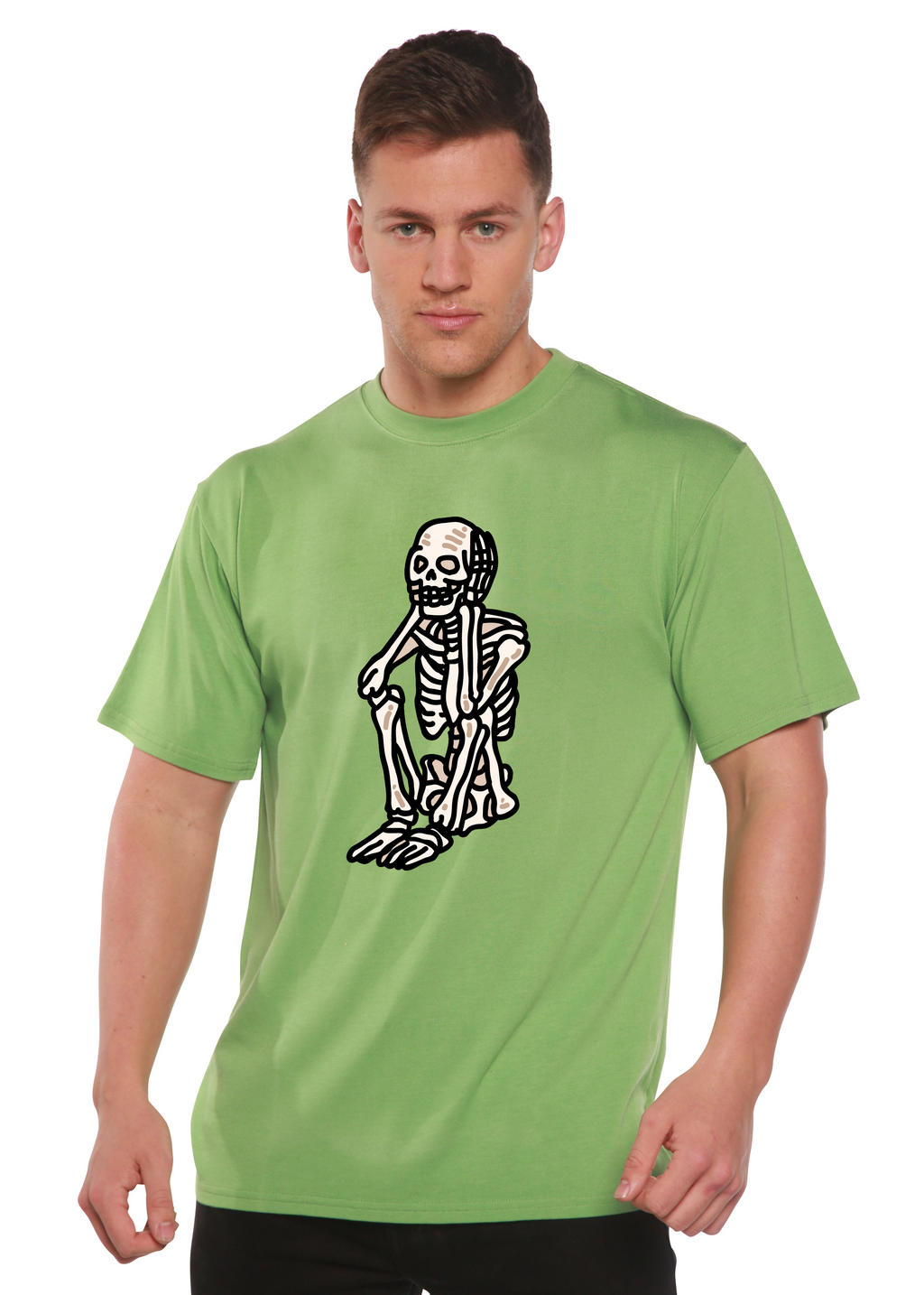 T-shirt graphique unisexe squelette triste Halloween en bambou viscose/coton biologique à manches courtes